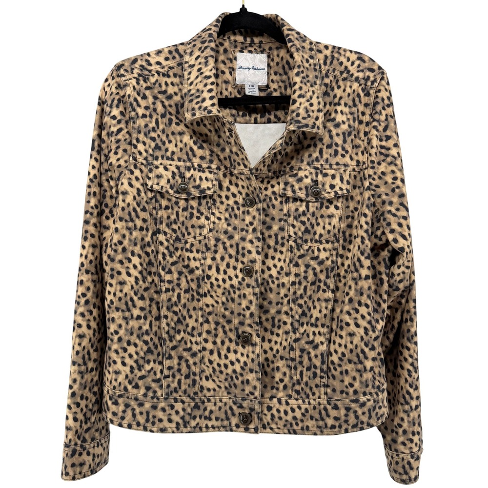 Tommy Bahama Salina Leopard Print Faux Suede Trucker Jacket Size Large Animal‎